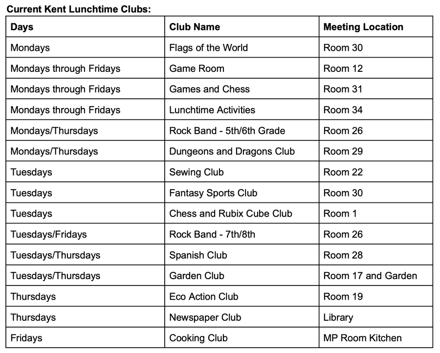 Kent Lunchtime Club Schedule